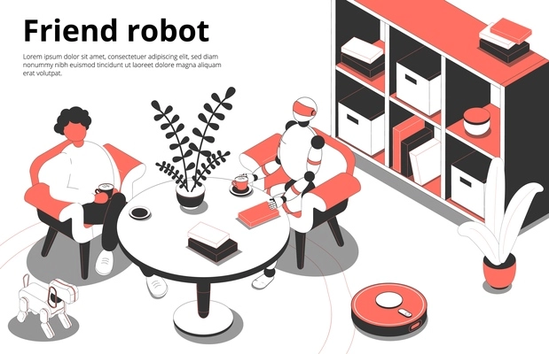 Having coffee at home with humanoid robot companion friend intelligent electronic toys pets isometric composition vector illustration