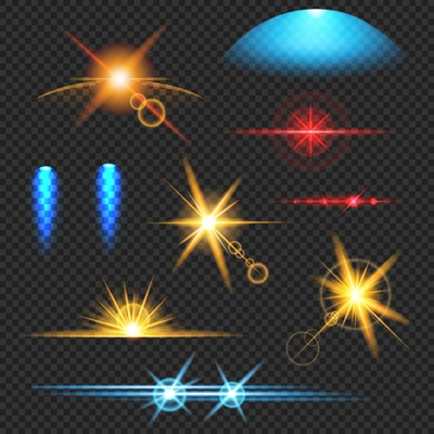 Light effects colorful set of ray sparkles  shining flares and illuminated surfaces  isolated on dark transparent background vector illustration
