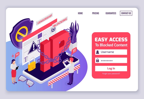 Blocked web page access internet censorship bypassing isometric website design with chained ip address login vector illustration
