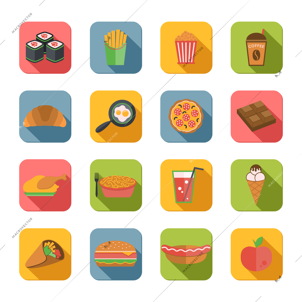 Fast junk food icons flat set of popcorn coffee croissant eggs isolated vector illustration