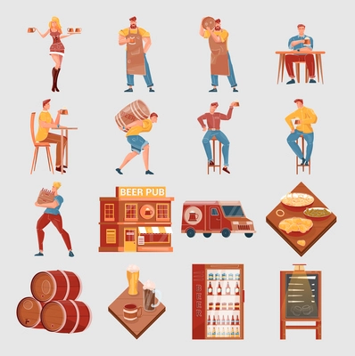 Flat set with beer pub elements and people drinking and delivering beverages isolated vector illustration