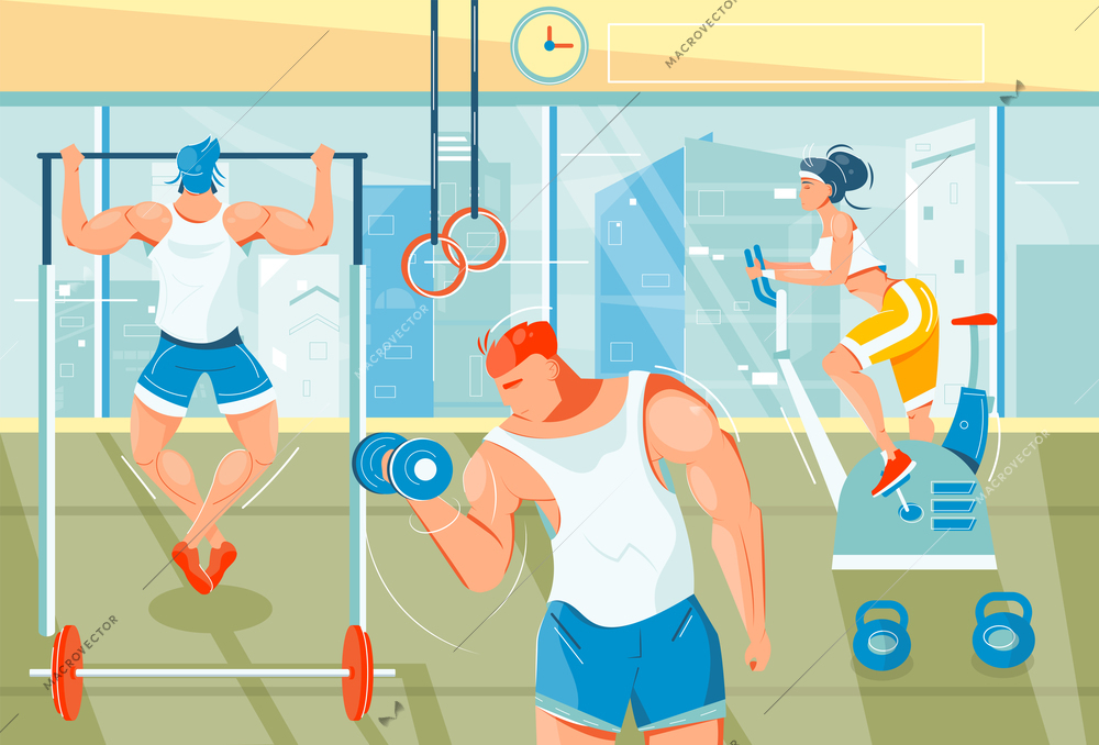 Healthy lifestyle and gym background with weight lifting symbols flat vector illustration