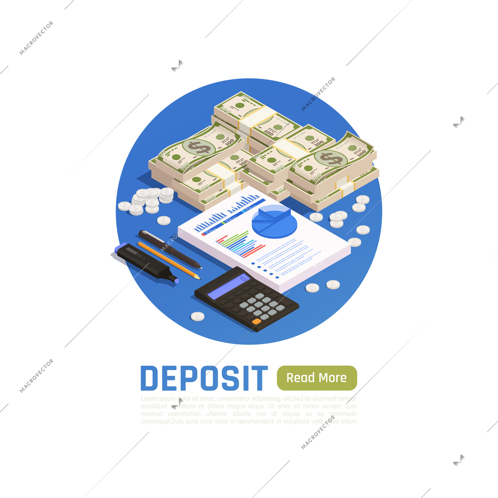 Wealth management design concept with stack of dollar banknotes notepad and calculator isometric vector illustration
