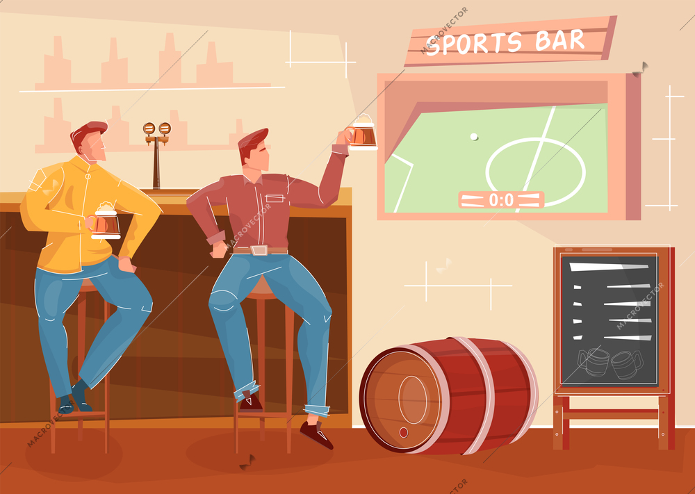 Flat background with two men drinking beer and watching football match in sports bar vector illustration