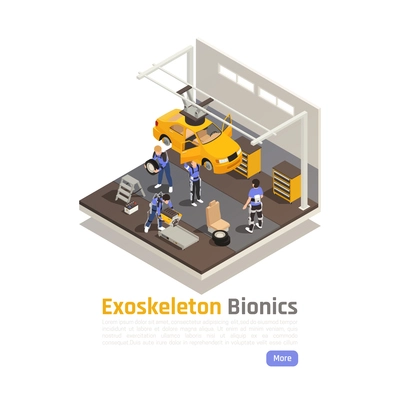Modern workshop isometric composition with workers in exoskeleton suits engaged in assembly or car repair vector illustration