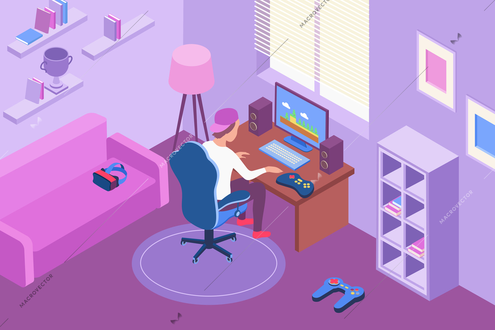 Teenager gamer playing computer game at home 3d isometric vector illustration