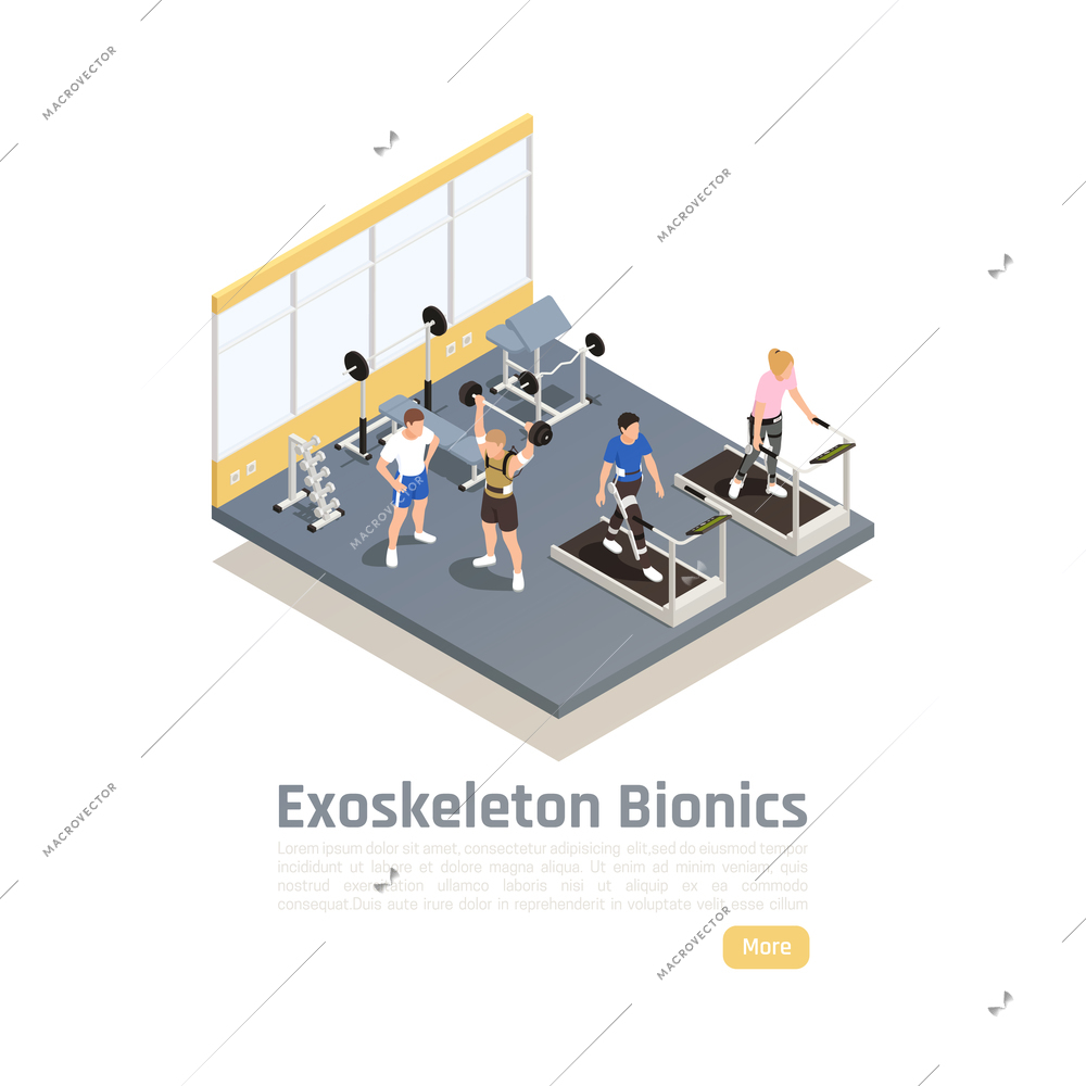 Bionics technology isometric composition with disabled people in gym doing exercises using exoskeleton vector illustration