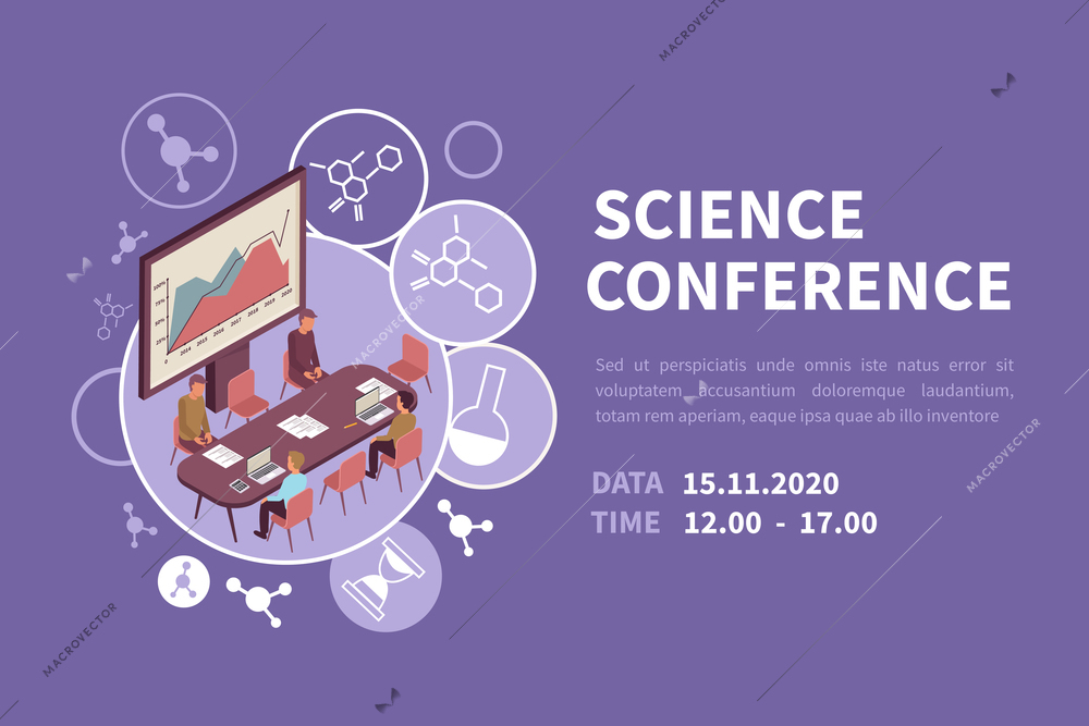 People at scientific conference isometric banner 3d vector illustration