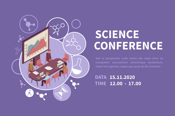 People at scientific conference isometric banner 3d vector illustration