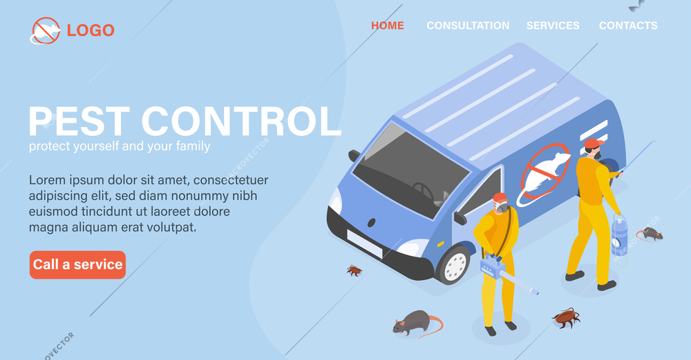 Pest control page design with consultation and service symbols isometric vector illustration