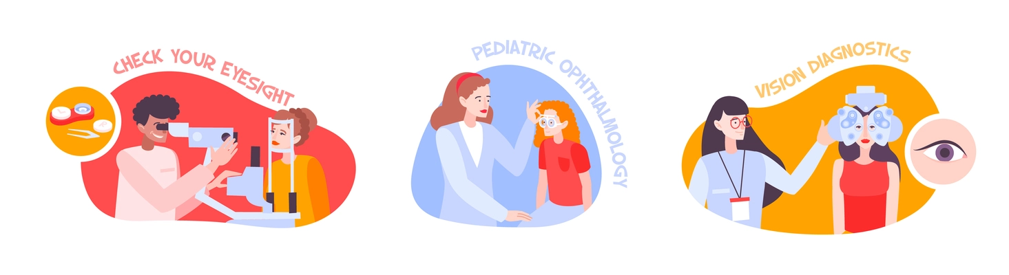 Ophthalmology vision set with three compositions of text and flat images with characters of medical specialists vector illustration