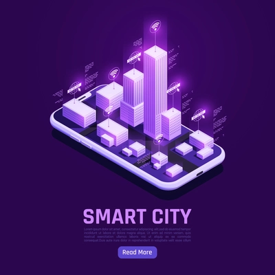 Design concept of smart city on screen of smartphone with Internet of things isometric  vector illustration