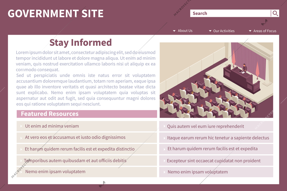 Parliament government webpage isometric web site landing page with view of parliament chamber and editable text vector illustration