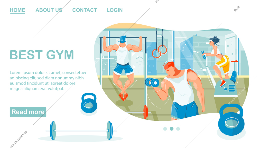 Flat web page with people doing sports cardio and weight trainings in gym vector illustration