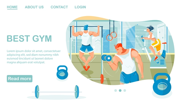 Flat web page with people doing sports cardio and weight trainings in gym vector illustration