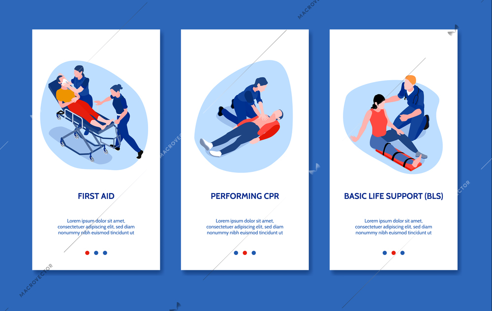 Isometric vertical banners set with doctors giving first aid to injured people 3d isolated vector illustration