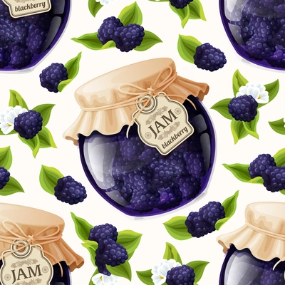 Natural organic homemade forest blackberry jam jar seamless pattern vector illustration