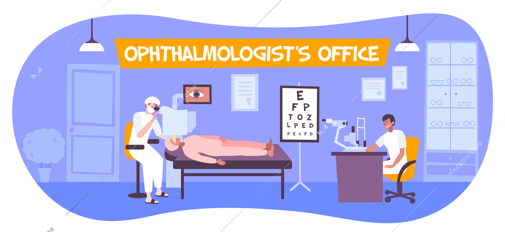 Ophthalmology vision doctor clinic flat composition with text and indoor view of doctors office with people vector illustration