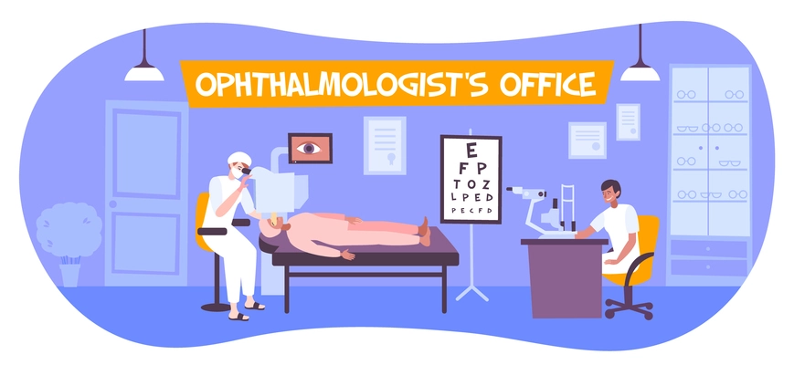 Ophthalmology vision doctor clinic flat composition with text and indoor view of doctors office with people vector illustration
