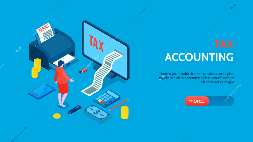 Tax accounting isometric horizontal banner with woman accountant cash computer calculator on blue background 3d vector illustration