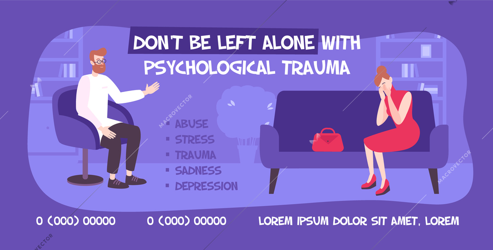 Psychology banner flat background with indoor scenery and behavioral therapist with client and editable advertising text vector illustration