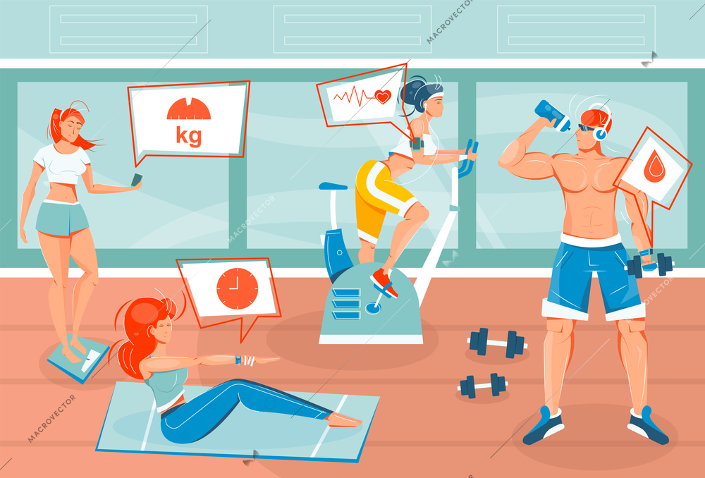 Flat background with people using sports applications and gadgets during workout vector illustration