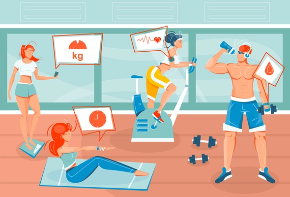 Flat background with people using sports applications and gadgets during workout vector illustration