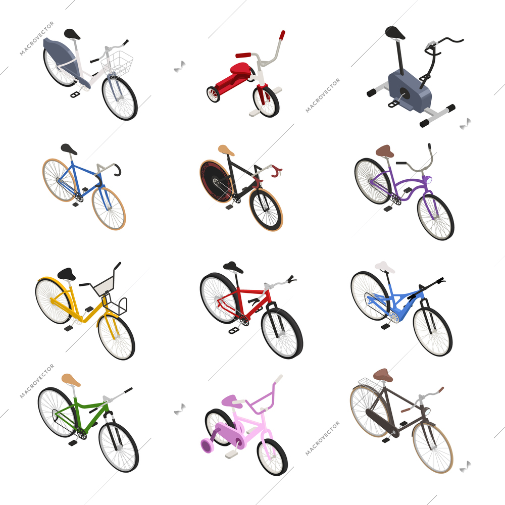 Sports road and walking bicycles of different models color icons set isolated on white background isometric vector illustration