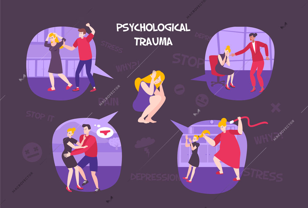 Psychology trauma flat composition with signs sticker silhouettes and thought bubbles with angry people and text vector illustration