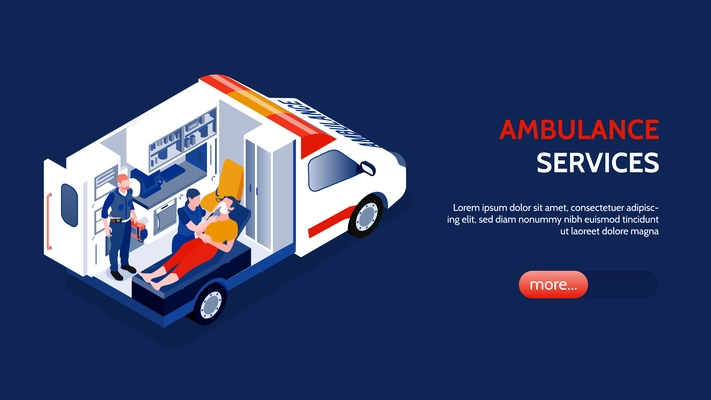 Two doctors rendering first aid to person in ambulance car 3d isometric horizontal banner vector illustration