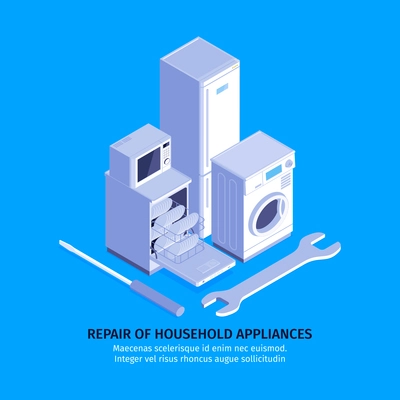 Isometric household appliances repair background with editable text and images of hand tools and consumer electronics vector illustration