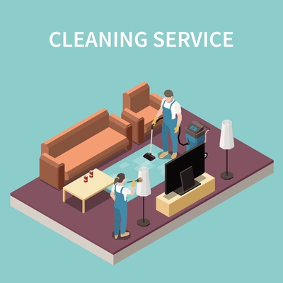 Professional home cleaning service team at work vacuuming carpet dusting floor lamp lampshade isometric composition vector illustration