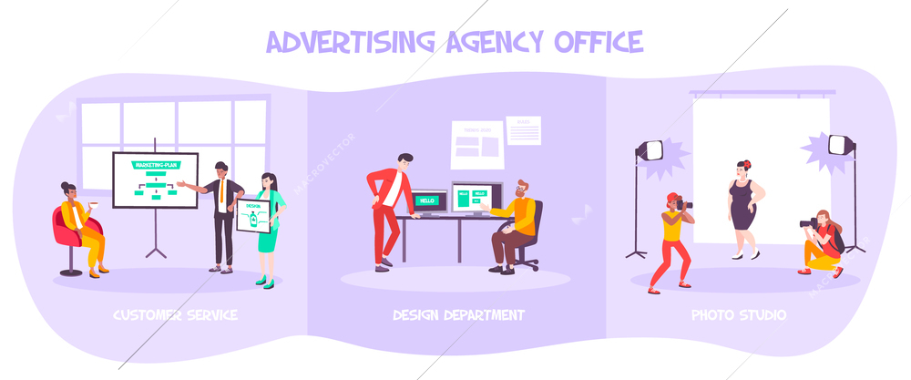 Advertising agency office flat composition with faceless human characters of employees in indoor environments with text vector illustration