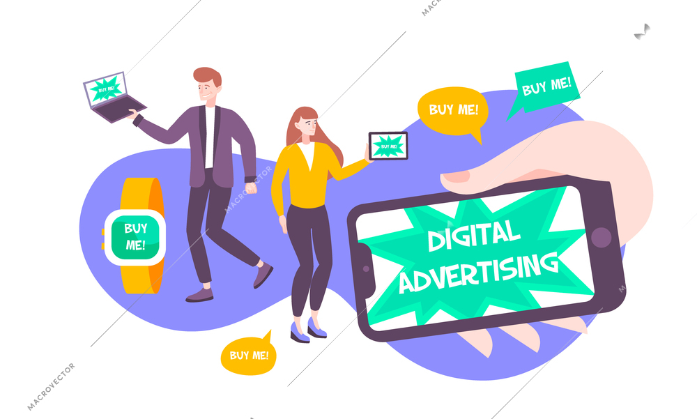 Advertising digital flat composition with human characters thought bubbles with editable text and smart electronic gadgets vector illustration