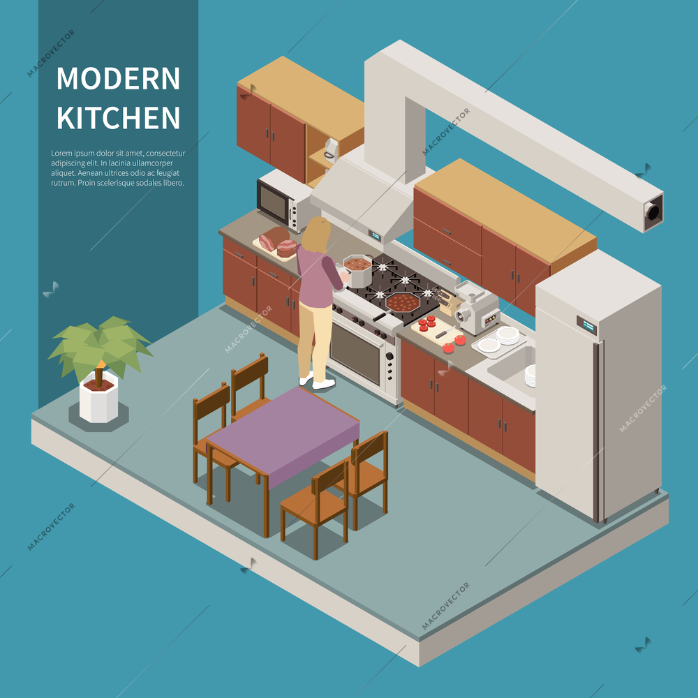 Contemporary kitchen cabinetry design with wood accent furniture range cooking housewife refrigerator appliances isometric composition vector illustration