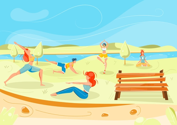 Healthy lifestyle background with fitness outdoors symbols flat vector illustration