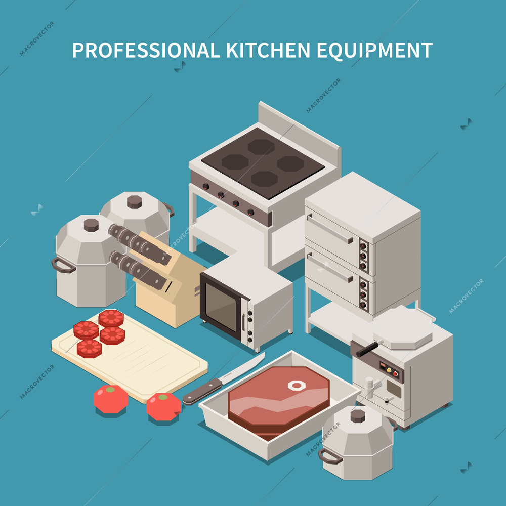 Professional kitchen appliances isometric image with commercial range microwave oven  toaster breakfast equipment chef knives vector illustration