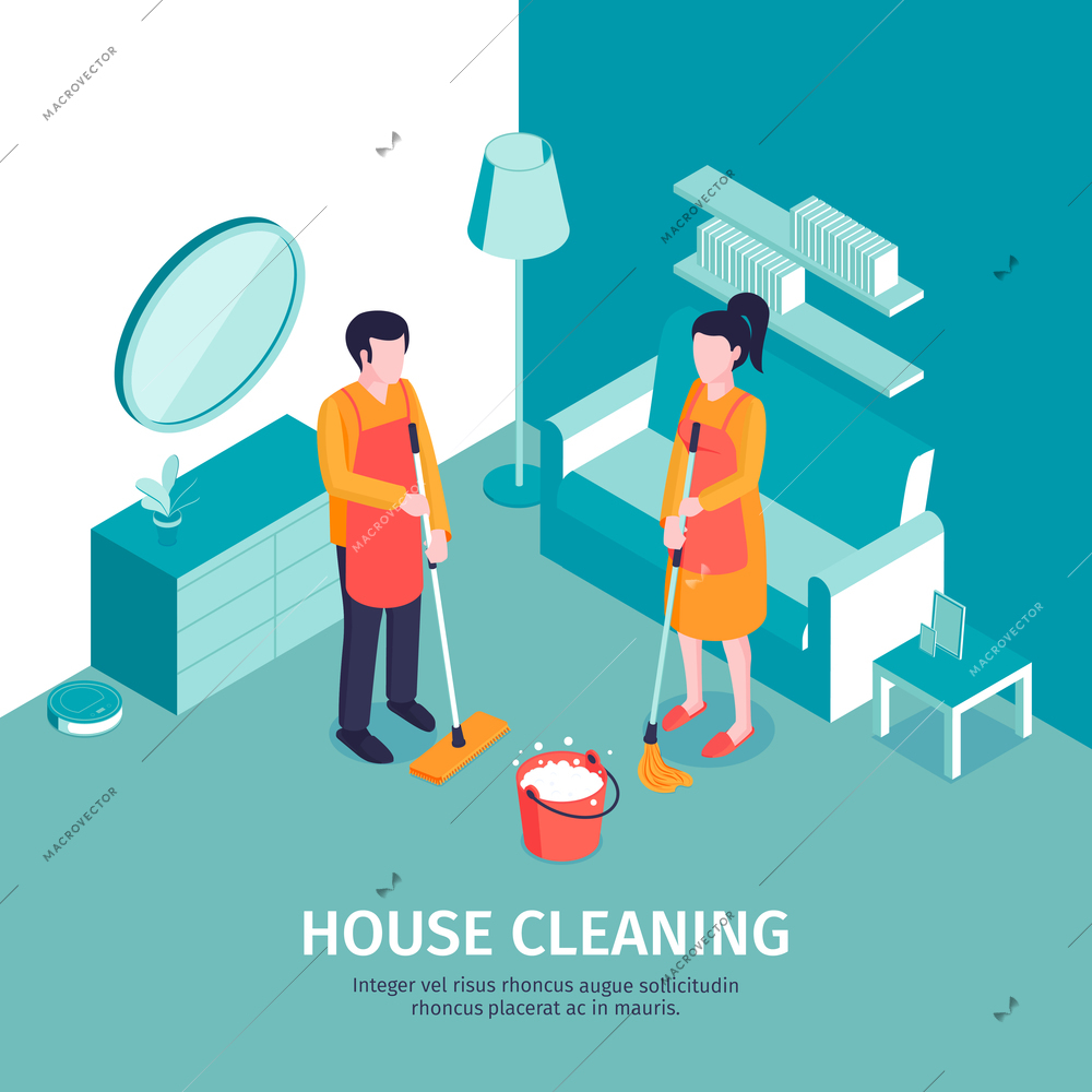 Isometric cleaning background with editable text and indoor scenery with furniture and characters of professional housecleaners vector illustration