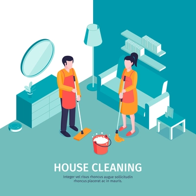 Isometric cleaning background with editable text and indoor scenery with furniture and characters of professional housecleaners vector illustration