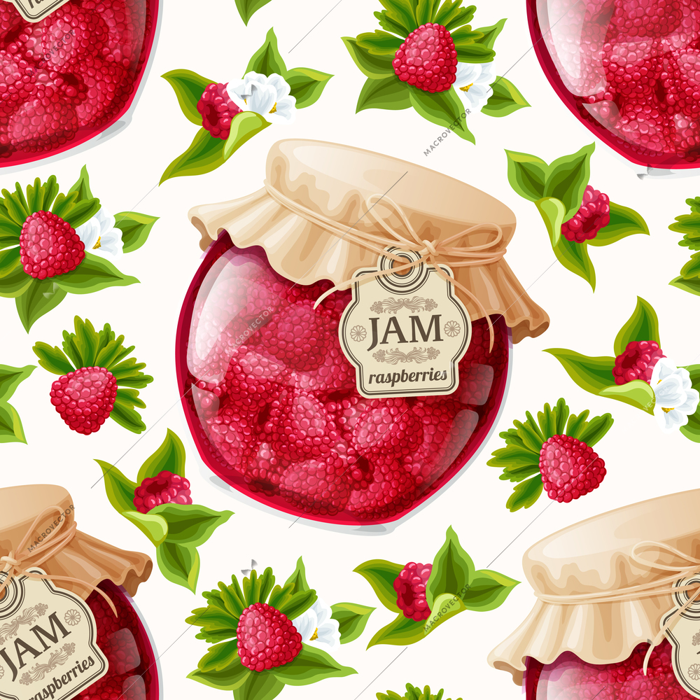 Natural organic forest raspberry berries jam jar and leaves seamless pattern vector illustration.