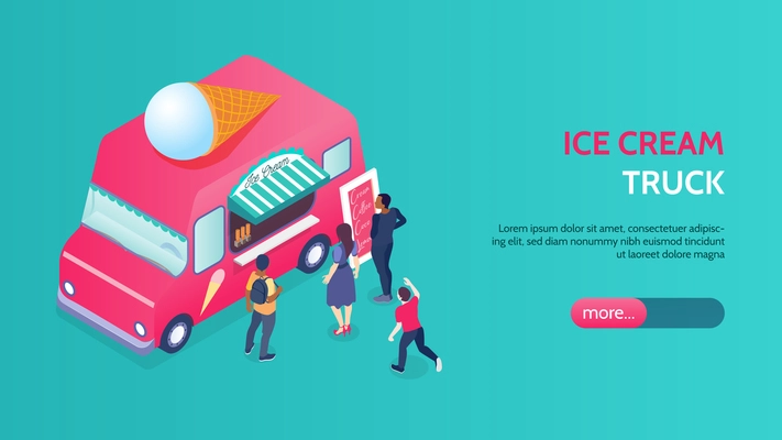 Isometric banner with people standing in front of pink ice cream truck 3d vector illustration