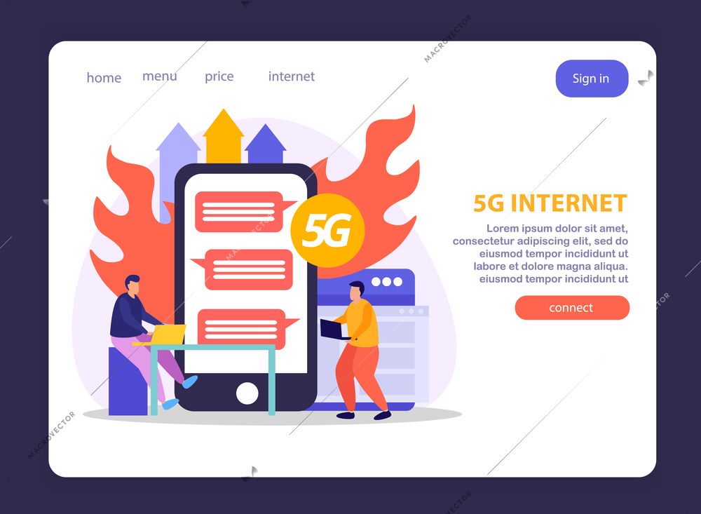 High speed internet flat homepage with information about 5g standard data communication vector illustration