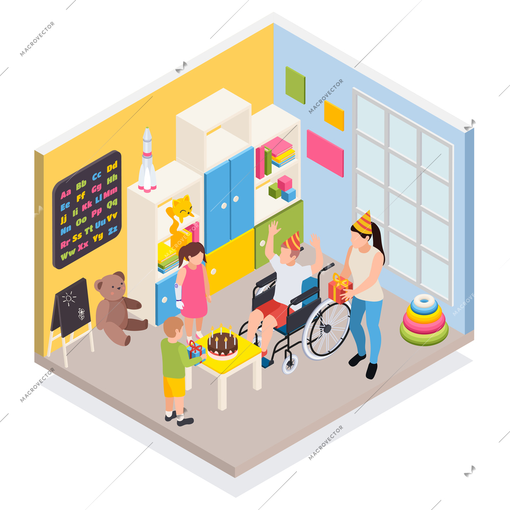 Disabled people family life parenting  isometric composition with farther in wheelchair celebrates little son birthday vector illustration