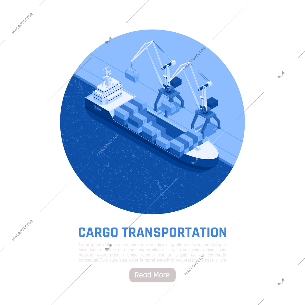 Cargo transportation isometric poster  illustrating loading cargoes on ship in seaport vector illustration