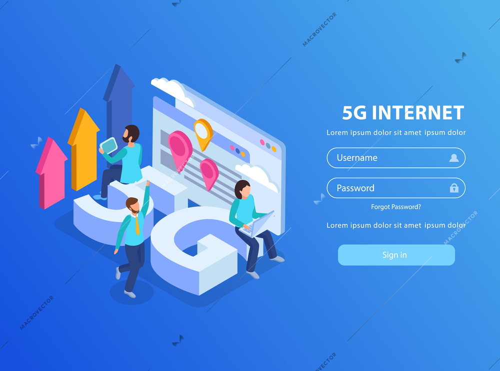 Isometric background with 5g internet icons human characters and log in form 3d vector illustration