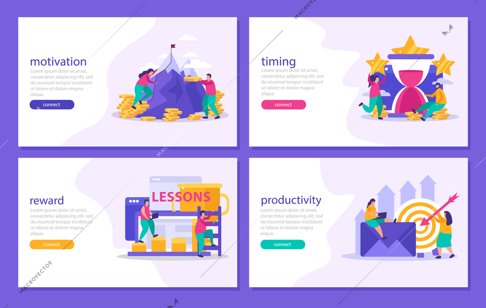 Business gamification 2x2 design concept set of four banners demonstrated motivation timing productivity reward flat vector illustration