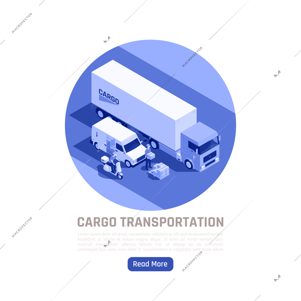 Cargo transportation isometric design concept with truck and city transport intended for delivery of various cargoes vector illustration