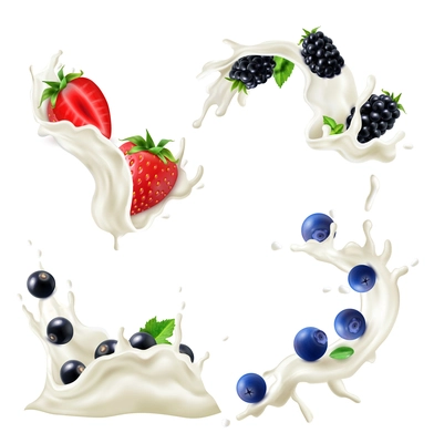 Milk yogurt splash realistic set with berries isolated vector illustration