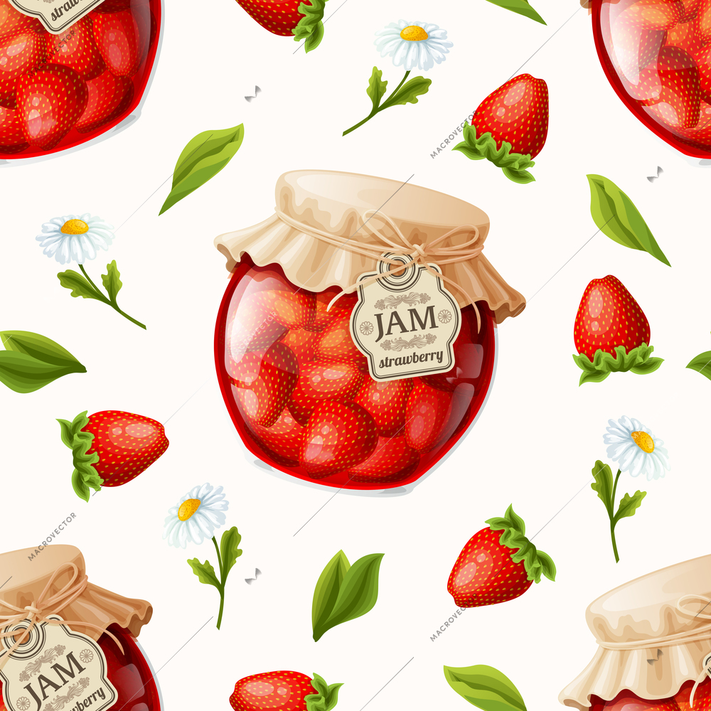 Natural organic strawberry berry jam jar flowers and leaves seamless pattern vector illustration