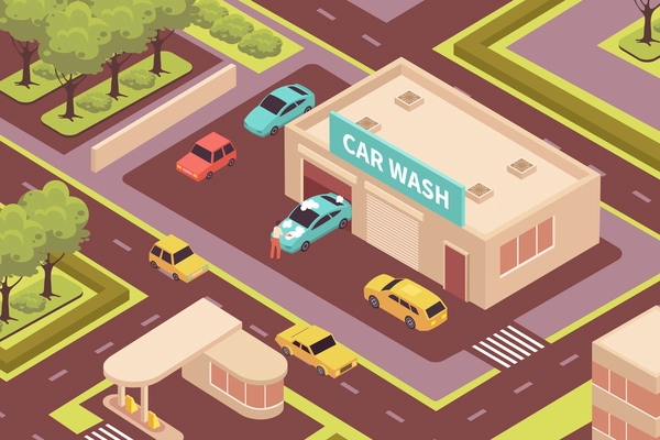 Man wearing uniform washing car next to garage 3d isometric vector illustration